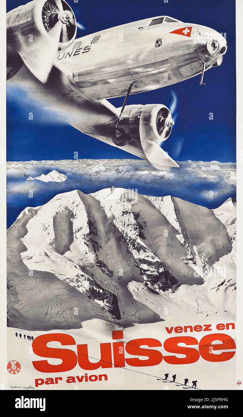 Poster di viaggio vintage 1930s - venez en Suisse, - Swiss Airways, 1935 Suisse, Schweiz, Svizzera Foto Stock