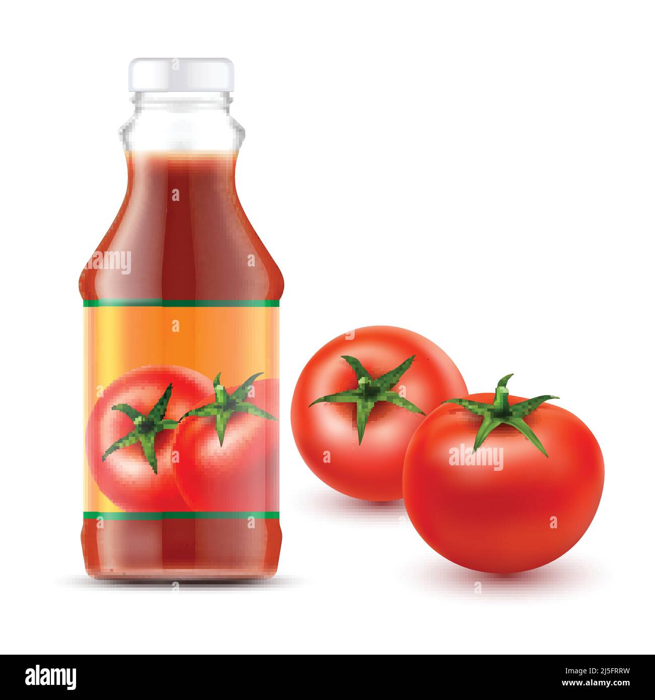 Set di illustrazioni vettoriali di una bottiglia di vetro o plastica trasparente ketchup pomodoro con etichetta per marcare a caldo e due pomodori rossi freschi in un realistico Illustrazione Vettoriale