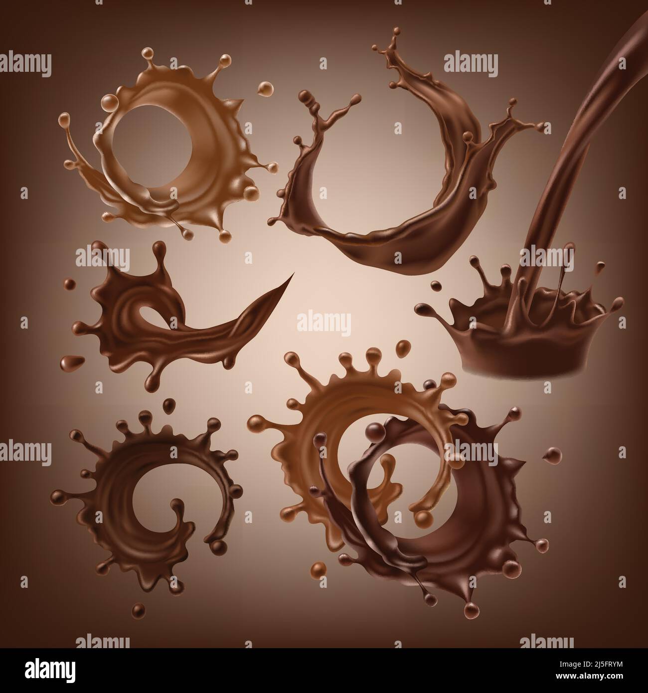 Set Vector 3D illustrazioni, schizzi e gocce di cioccolato fondente e al latte fuso, schizzi dinamici di caffè caldo, cacao, cioccolato liquido. Stampa, em Illustrazione Vettoriale