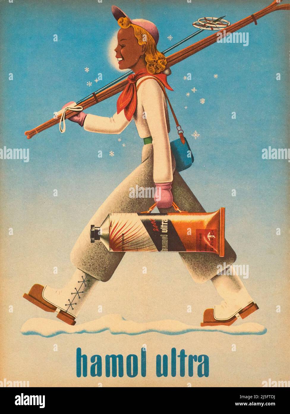 Poster Vintage 1940s Ski Travel - Sun Cream Hamol Ultra di Alfred RUDIN circa 1941 Foto Stock