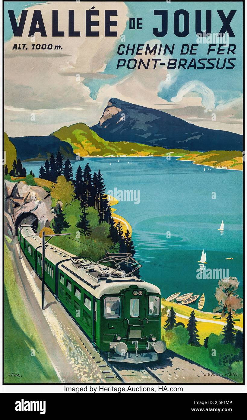 Poster Vintage 1950s Railway Travel - Valee de Joux - Pont-Brassus Railway (1959). Di Louis Koller . Foto Stock