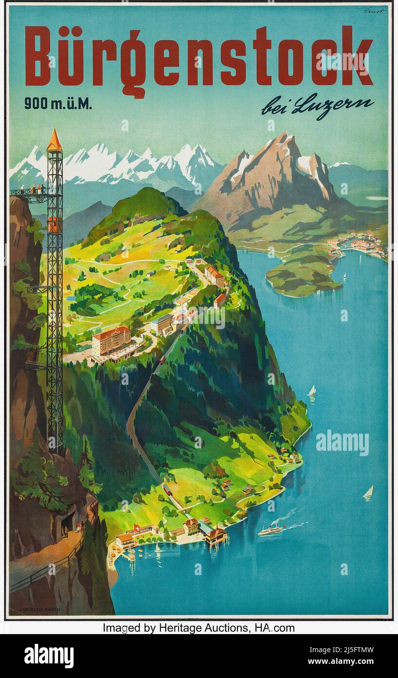 Poster da viaggio Vintage 1940s - Bürgenstock, Svizzera (c.1940s). Opera di otto Ernst. Foto Stock