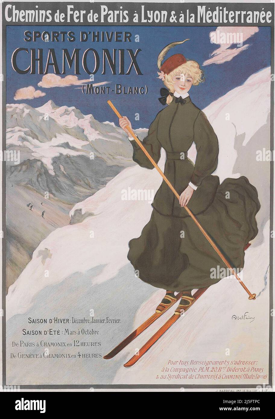 Poster dello sci d'epoca del 1900 - Sports d'hiver. Chamonix (Monte Bianco) 1905 . 1905 351 Sport d'hiver Chamonix (Mont-Blanc), di Jules Abel Faivre Foto Stock