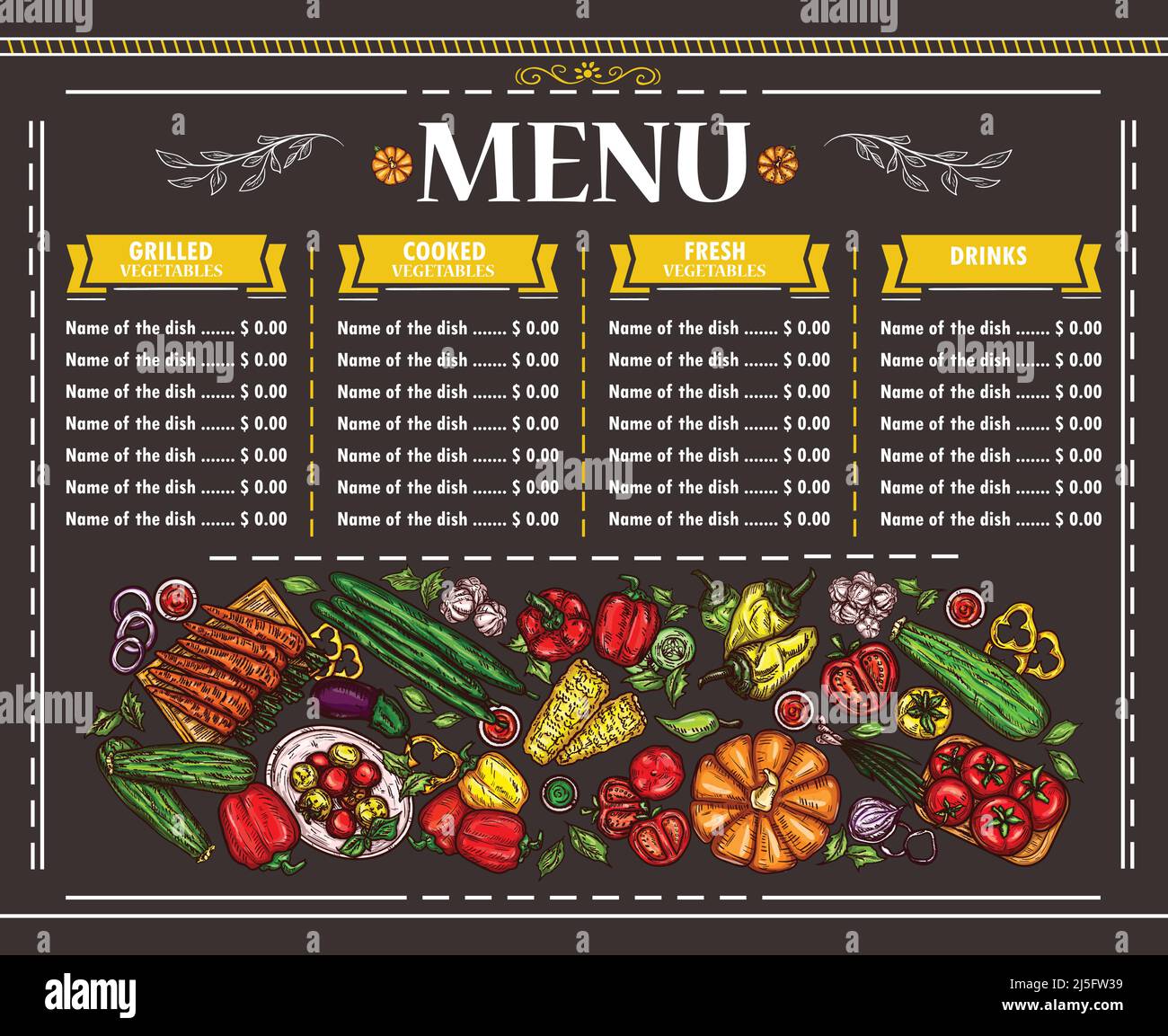 Illustrazione vettoriale di un menu vegetariano del ristorante. Modello, volantino, elemento di design per menu con verdure varie disegnate a mano Illustrazione Vettoriale