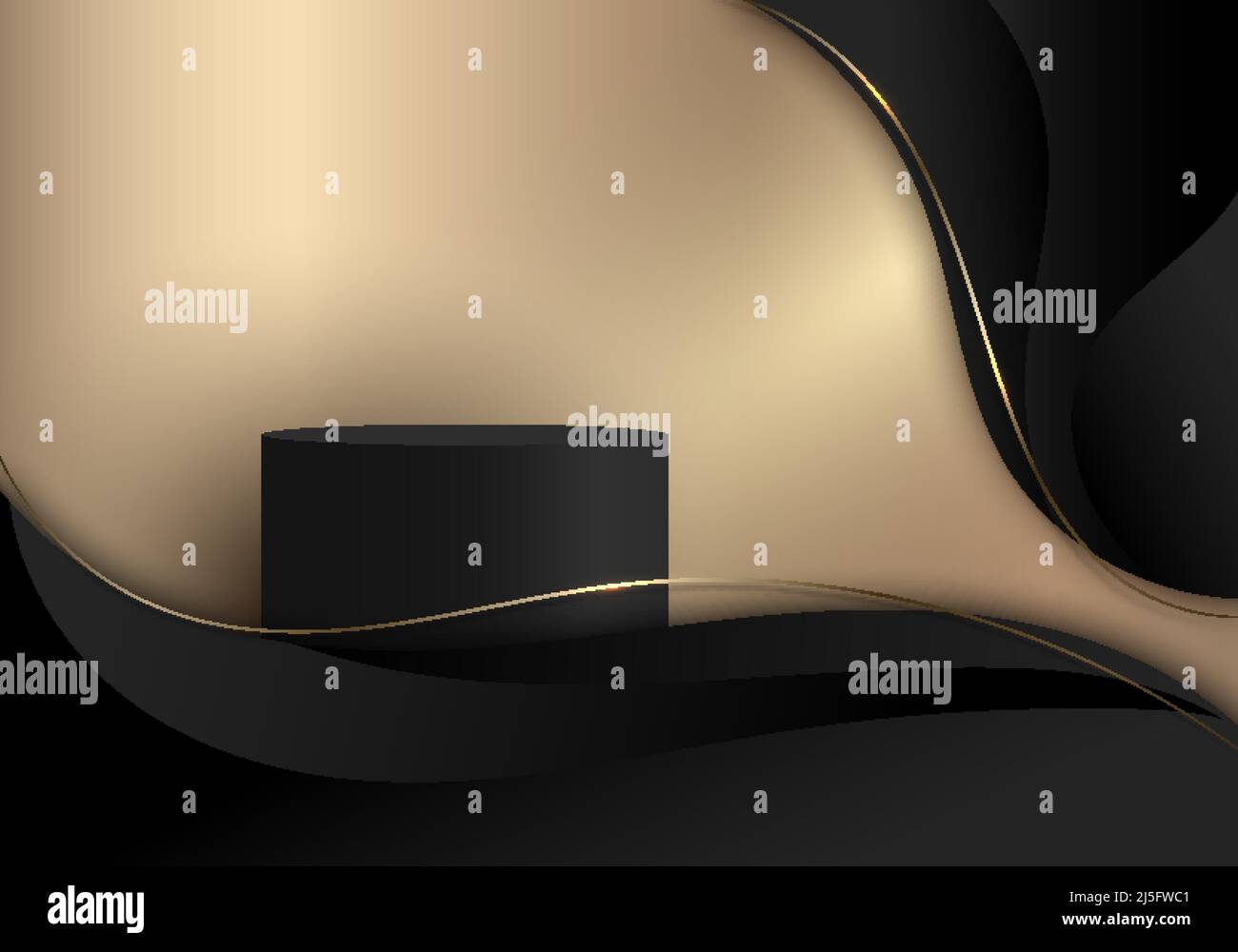 3D podio a cilindro nero realistico con fondo a forma di curva dorata con linee d'onda nere e stile d'illuminazione di lusso. È possibile utilizzare per la visualizzazione del prodotto, Illustrazione Vettoriale