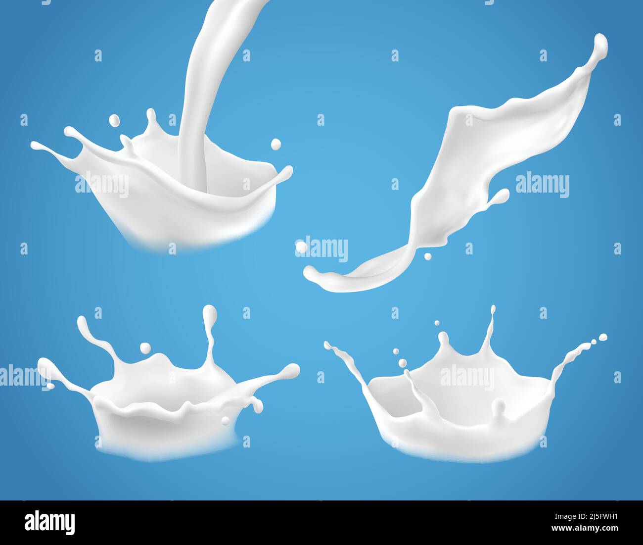 Set di 3D illustrazioni vettoriali, schizzi e versamenti di latte, prodotti lattiero-caseari naturali realistici, yogurt o crema, isolati su sfondo blu. Stampa, templa Illustrazione Vettoriale