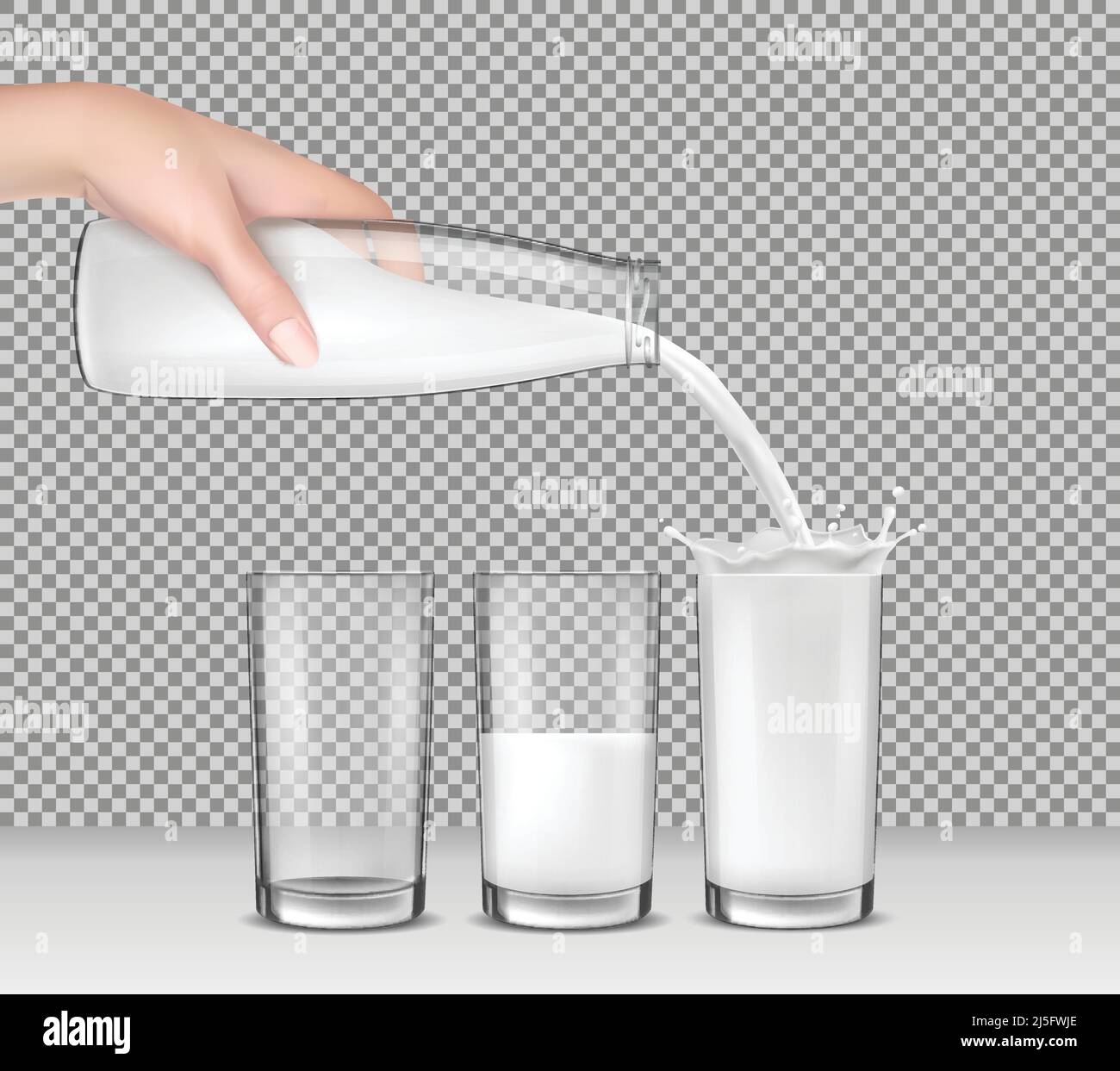 Illustrazione vettoriale realistica, mano che tiene una bottiglia di vetro di latte, latte, latticini, yogurt, kefir, cocktail proteico versato in bicchieri da bere Illustrazione Vettoriale
