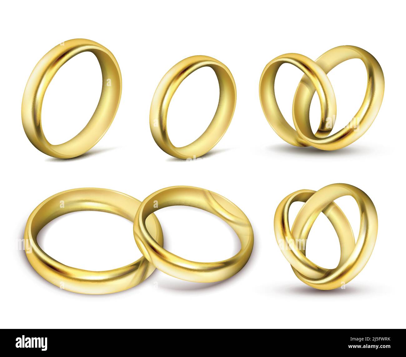 Set di illustrazioni vettoriali realistiche di anelli d'oro con ombra isolata su bianco. Stampa, modello, elemento di disegno Illustrazione Vettoriale