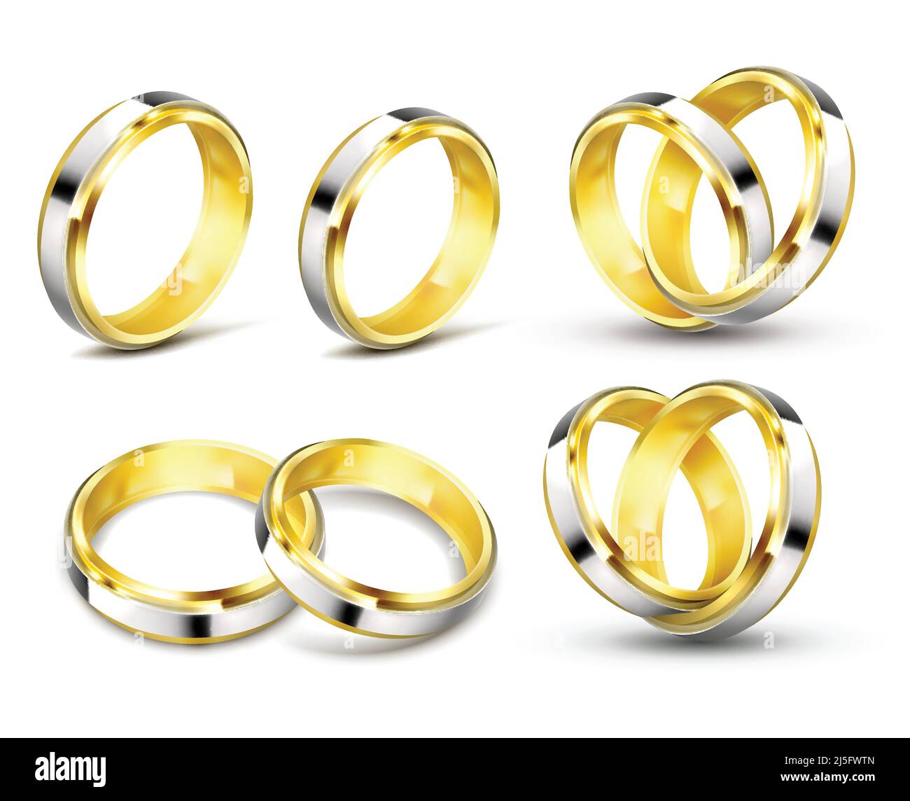 Set di illustrazioni vettoriali realistiche di anelli d'oro con elementi d'argento, platino con ombra isolata su bianco. Stampa, modello, design e. Illustrazione Vettoriale