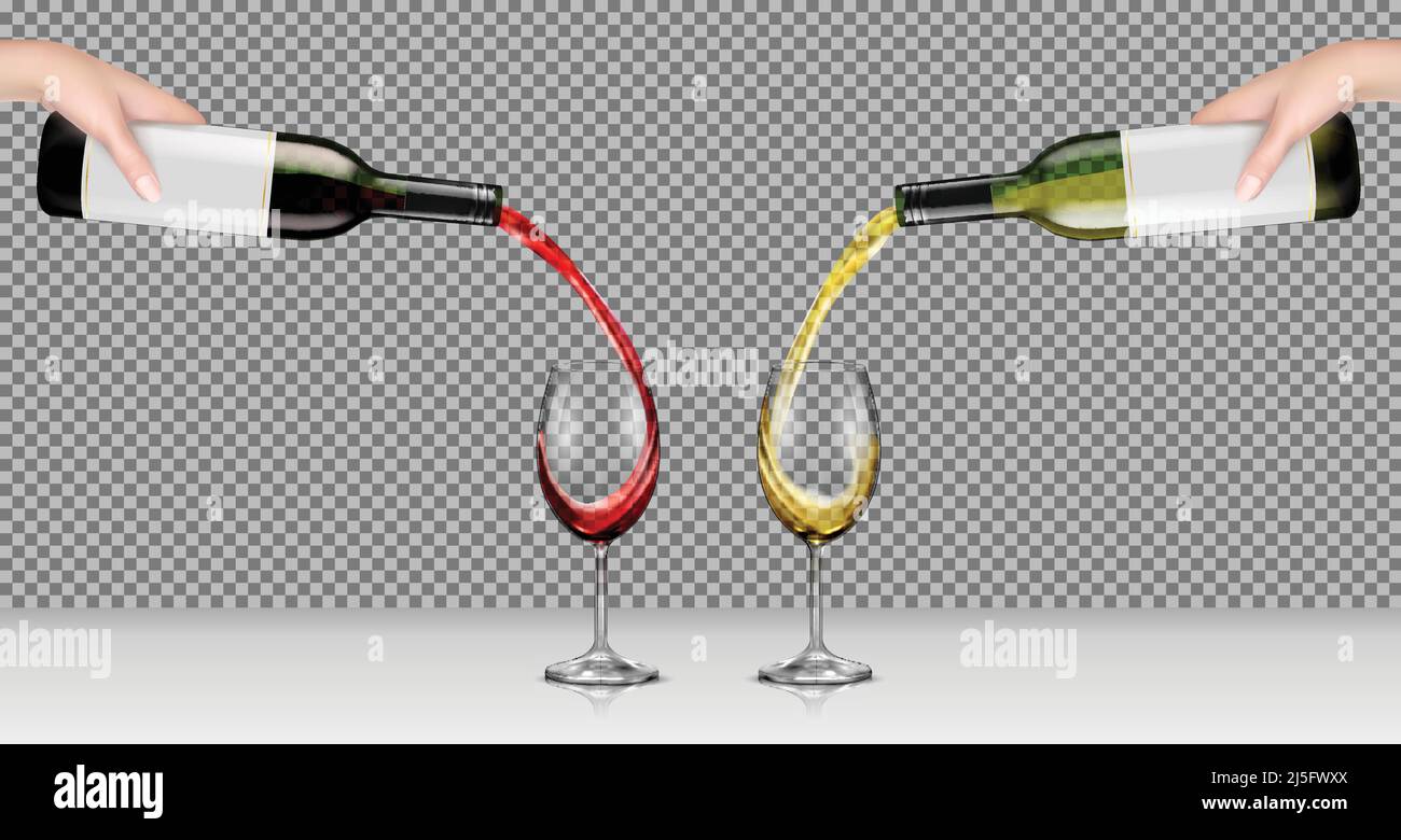 Set di illustrazioni vettoriali realistiche di mani che tengono bottiglie di vetro con vino bianco e rosso e lo versano in bicchieri trasparenti, isolati, con rifl Illustrazione Vettoriale