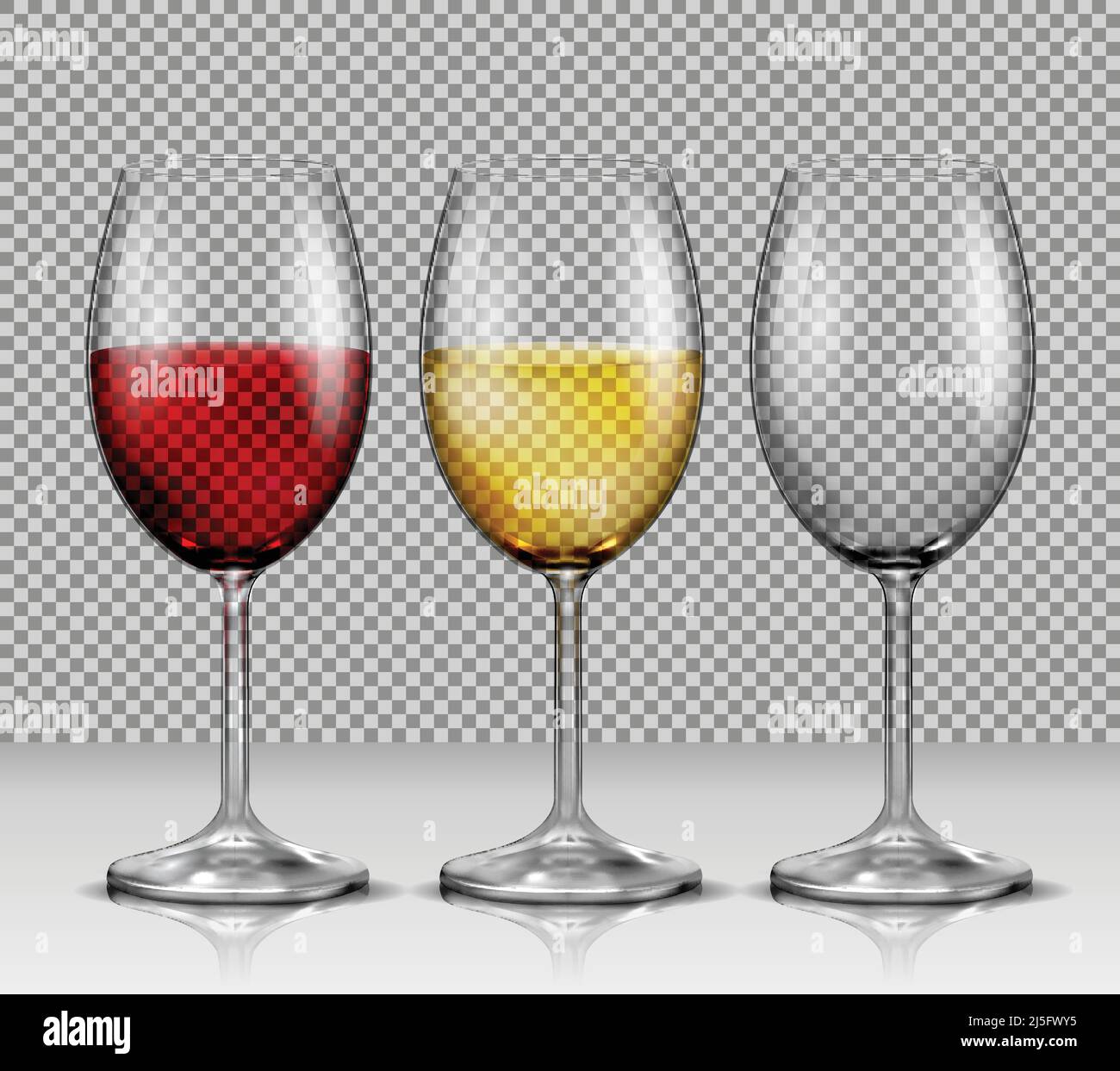 Set di illustrazioni, vetri trasparenti vettoriali vuoti, con vino bianco e rosso, isolati. Stampa, modello, elemento di disegno Illustrazione Vettoriale
