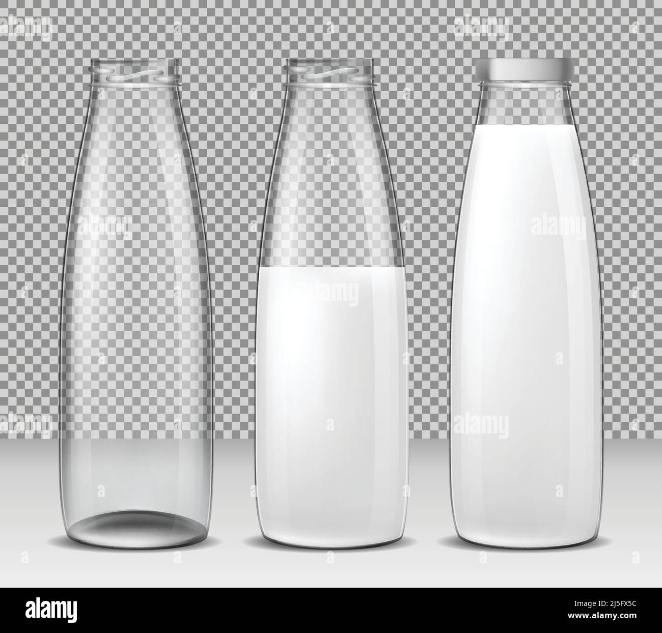 Set di illustrazioni isolate vettoriali, icone, bottiglie di vetro per latte e prodotti lattiero-caseari vuote, metà piena e piena bottiglia sigillata con un tappo. Stampa, temp Illustrazione Vettoriale