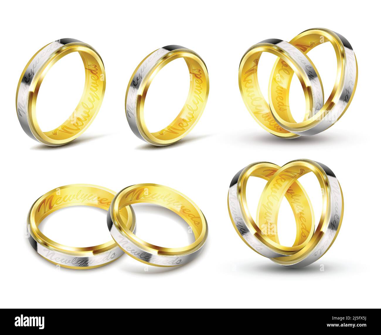 Set di realistiche illustrazioni vettoriali di anelli d'oro con elementi d'argento, platino e incisione con ombra isolata su bianco. Stampa, temp Illustrazione Vettoriale