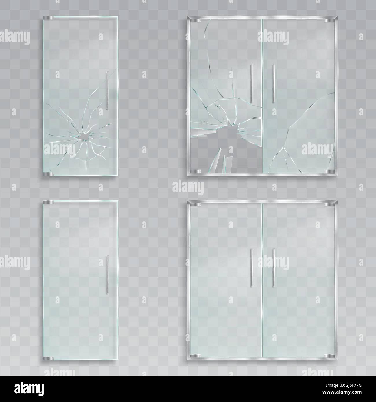 Set di illustrazioni vettoriali realistiche di un layout di una porta di vetro di ingresso con maniglie in metallo intatto e con vetro rotto, un pulito trasparente d Illustrazione Vettoriale