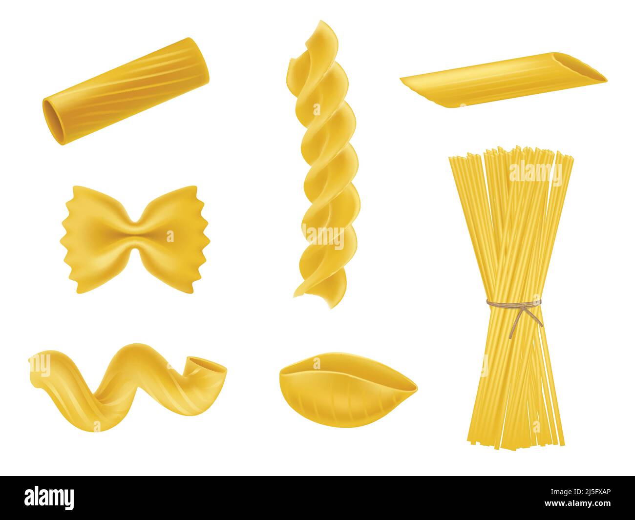 Illustrazione vettoriale insieme di icone realistiche di macaroni secchi di vario genere, pasta, fusilli, rigatoni, farfalle, torsioni, spaghetti, conchiglie isolano Illustrazione Vettoriale
