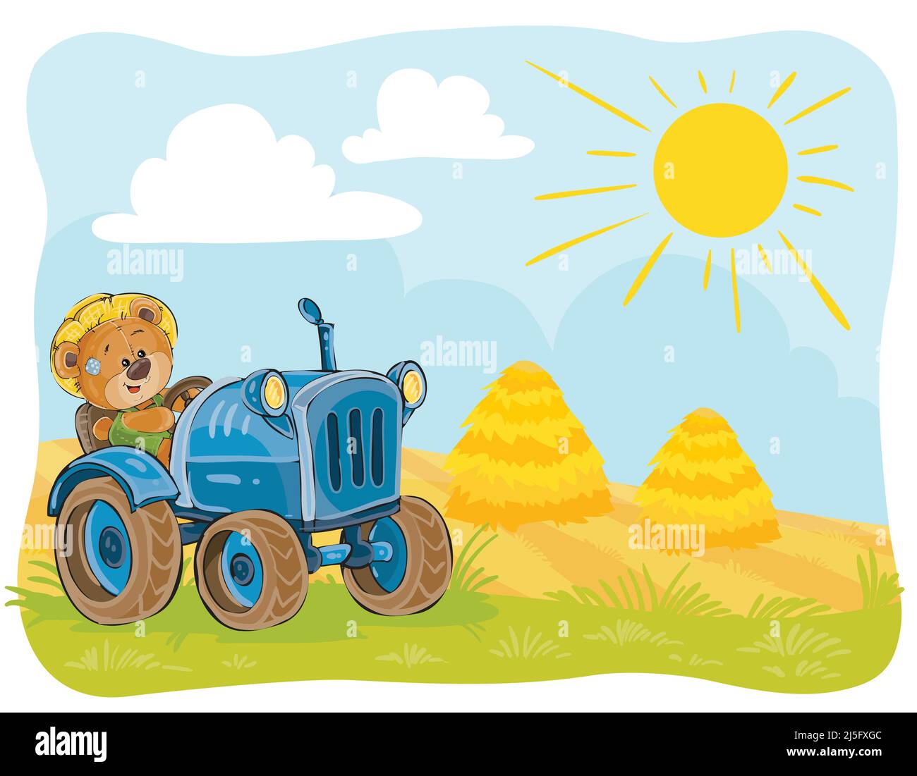 Il teddy dell'illustrazione del vettore porta il driver del trattore che lavora sul campo. Illustrazione Vettoriale