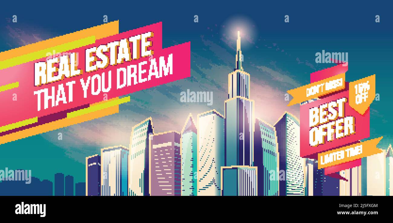 Illustrazione vettoriale di cartoni animati, banner, sfondo urbano con edifici moderni di grandi città, grattacieli, centri d'affari e spazio per il testo. Pubblicità Illustrazione Vettoriale