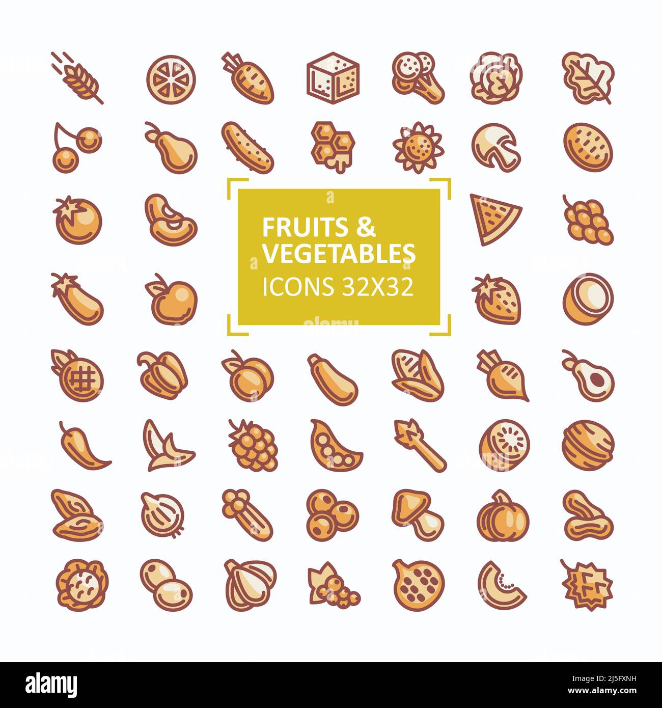 Grande set di icone vettoriali di frutta e verdura con lo stile di una linea sottile e colore arancione, tratto modificabile. 32x 32 pixel perfetti Illustrazione Vettoriale