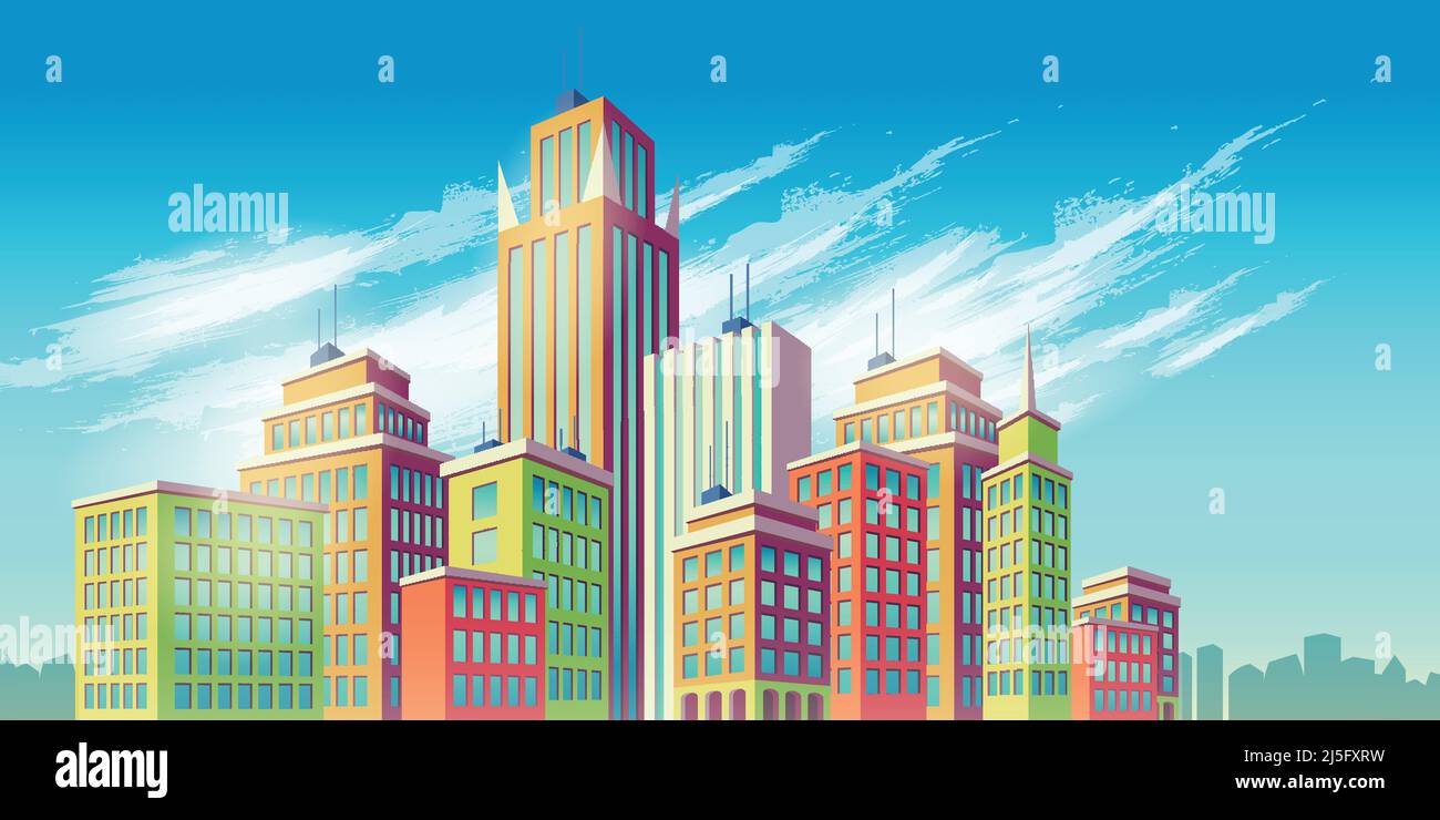 Illustrazione vettoriale di cartoni animati, banner, sfondo urbano con edifici moderni di grandi città, grattacieli, centri d'affari. Paesaggio cittadino. Illustrazione Vettoriale