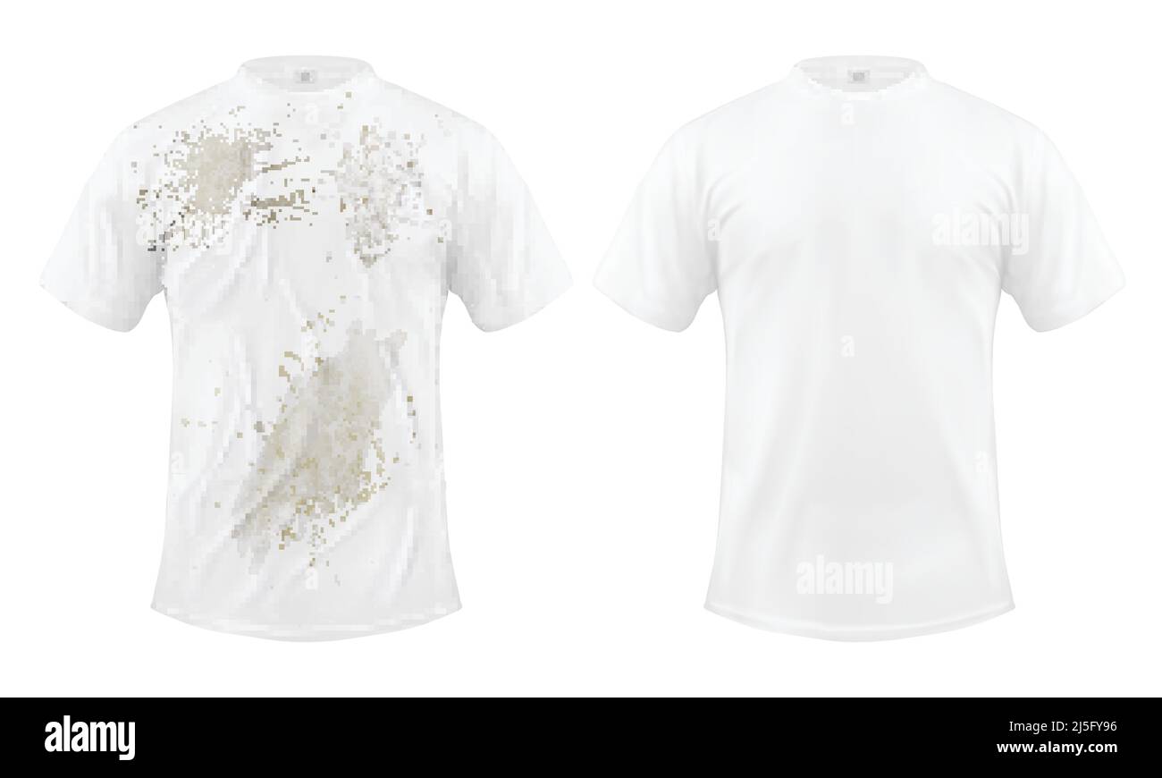 Set di illustrazioni vettoriali di una T-shirt bianca con una macchia sporca e pulita, prima e dopo la pulizia a secco, isolata su sfondo bianco. Stampa, em Illustrazione Vettoriale