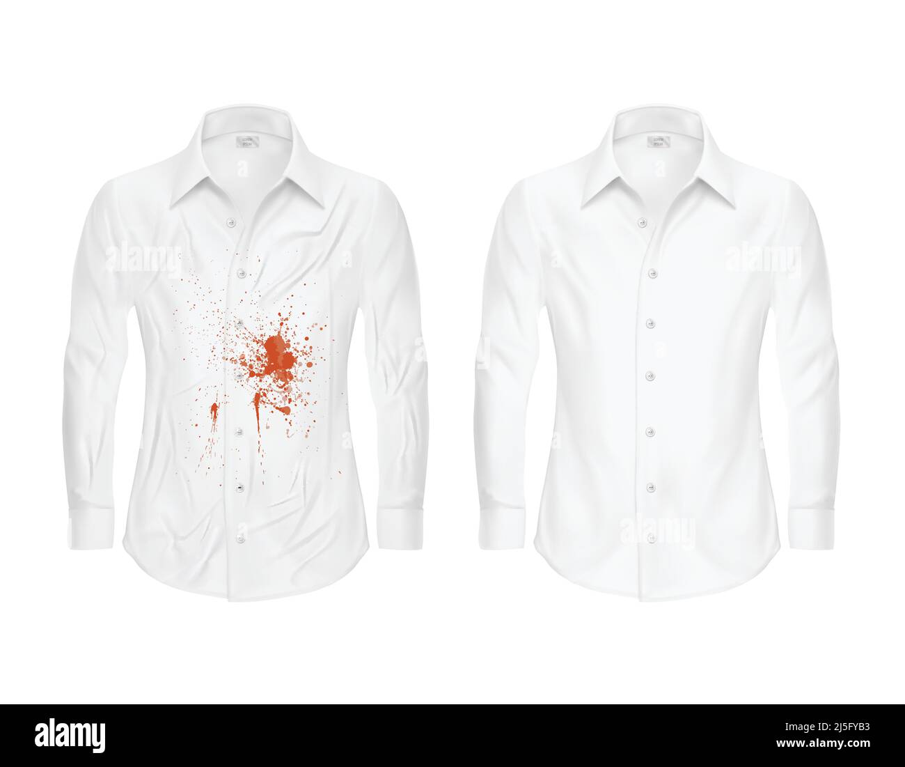Set di illustrazioni vettoriali di una camicia bianca con una macchia rossa da ketchup, sangue e camicie pulite, stropicciate e stirate prima e dopo una pulizia a secco Illustrazione Vettoriale