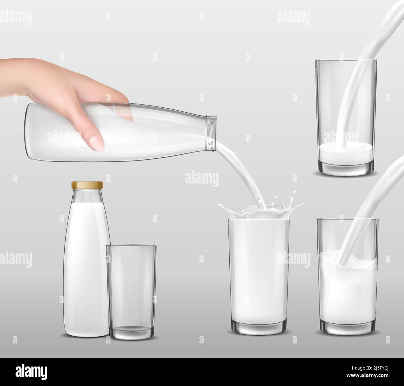 Set di illustrazioni vettoriali realistiche, con una mano che tiene una bottiglia di vetro di latte, latticini, yogurt, kefir e la versa in bicchieri da bere. Stampa, Illustrazione Vettoriale
