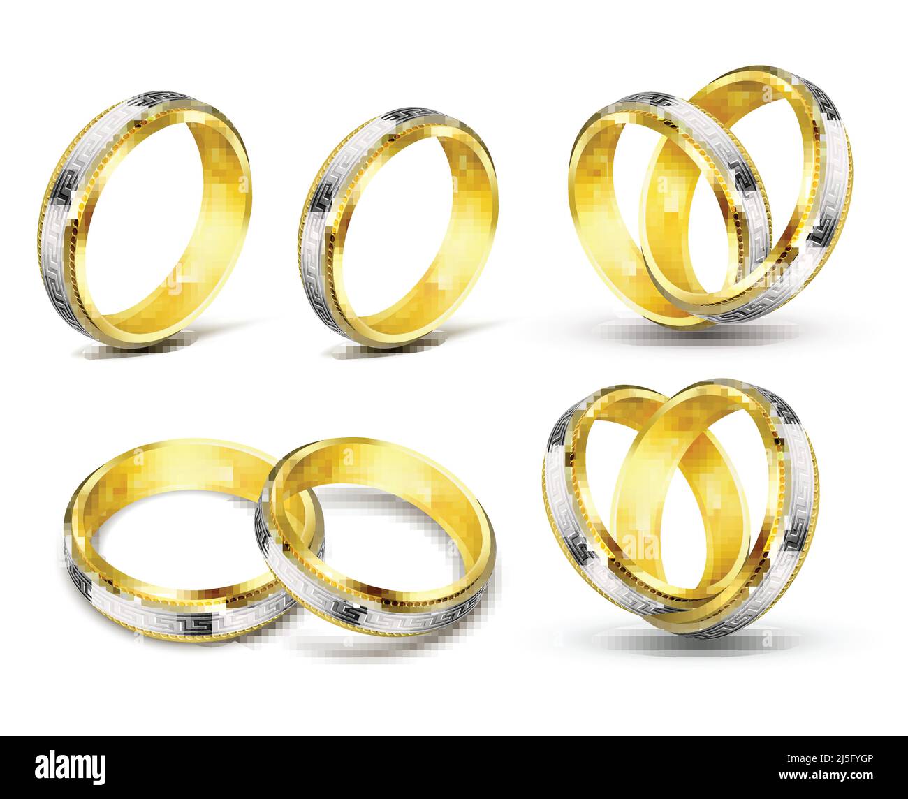 Set di realistiche illustrazioni vettoriali di anelli d'oro con elementi d'argento, platino e incisione con ombra, isolati su bianco. Stampa, em Illustrazione Vettoriale