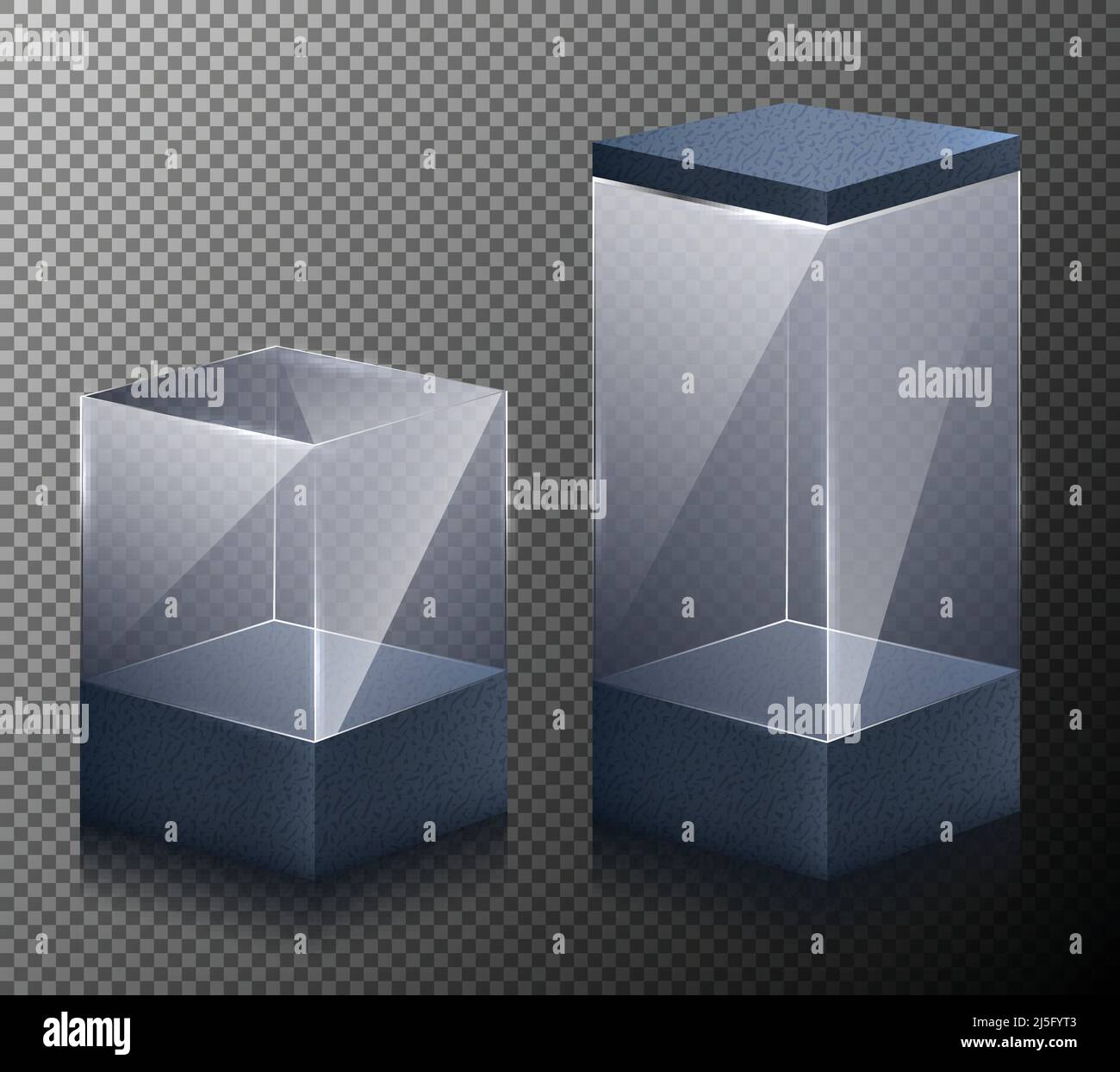 Set di illustrazioni vettoriali di cubi, piccoli e grandi, realistici, trasparenti, isolati su sfondo grigio. design 3d. Illustrazione Vettoriale