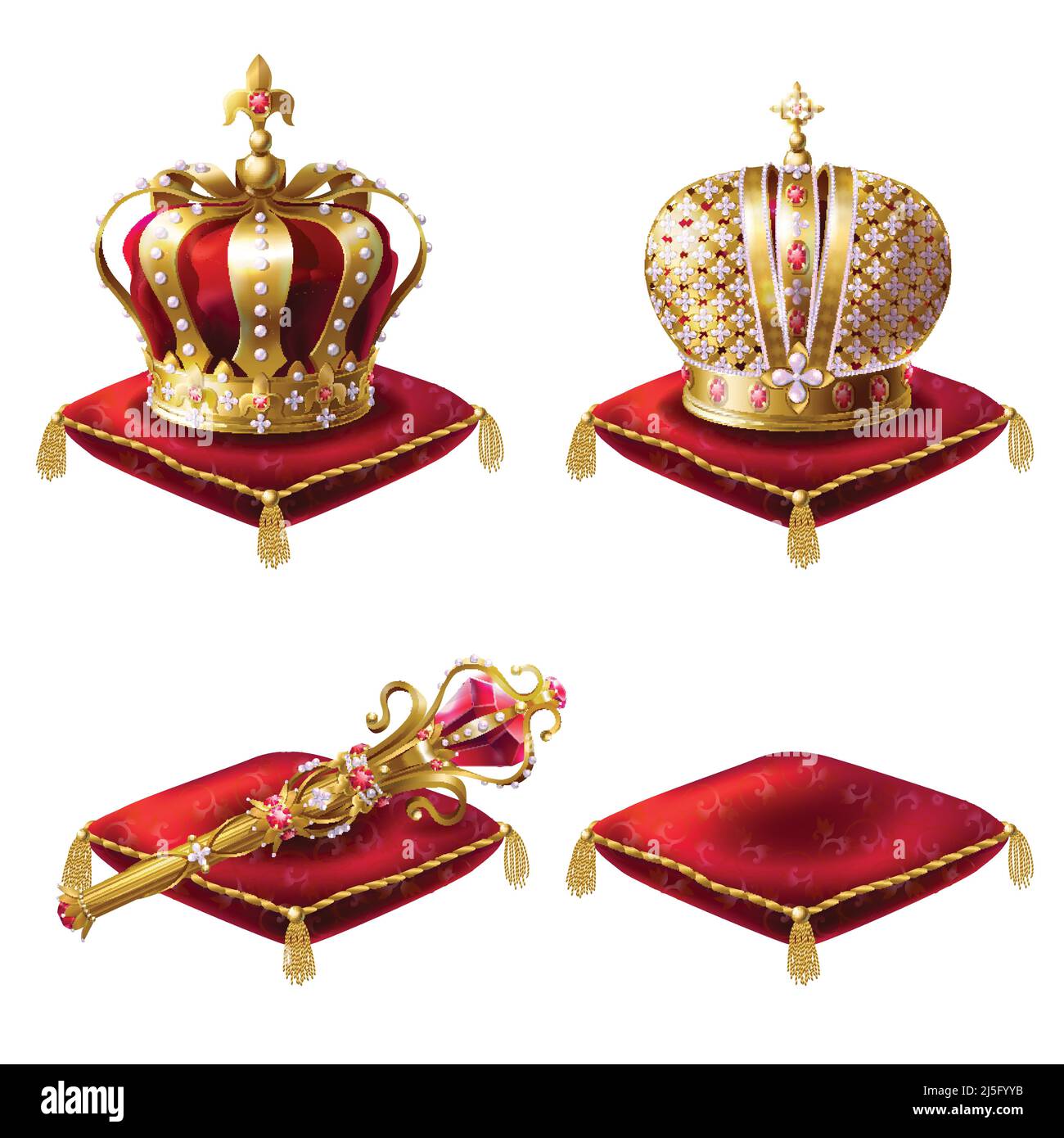 Set di illustrazioni vettoriali realistiche, icone reali dorate della corona, scettro reale e cuscini cerimoniali in velluto rosso, isolati su bianco. Stampa, design ele Illustrazione Vettoriale