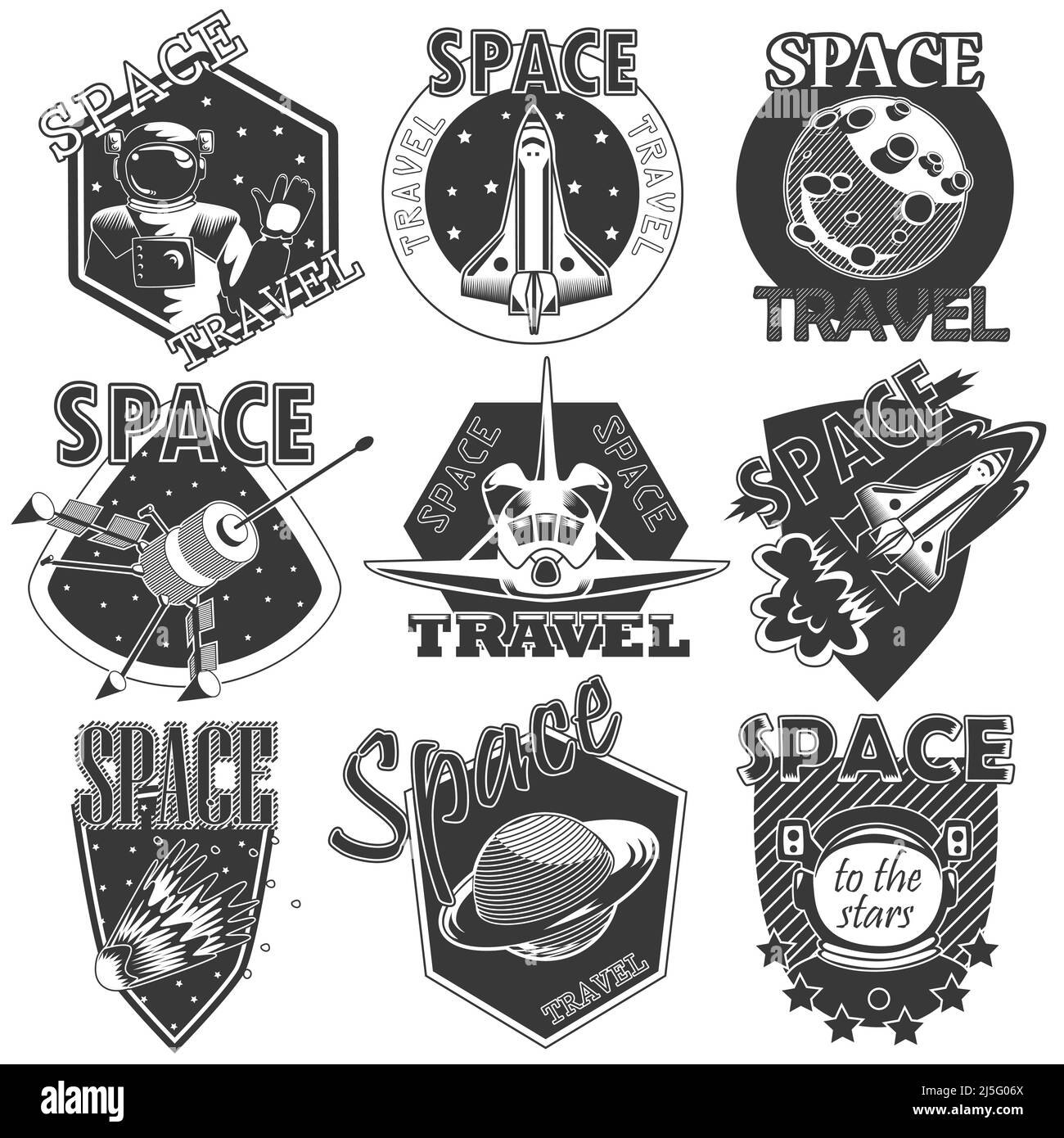 Set di icone vettoriali dello spazio. Elementi di design, badge, logo ed emblema su sfondo bianco. Il concetto di viaggio spaziale Illustrazione Vettoriale