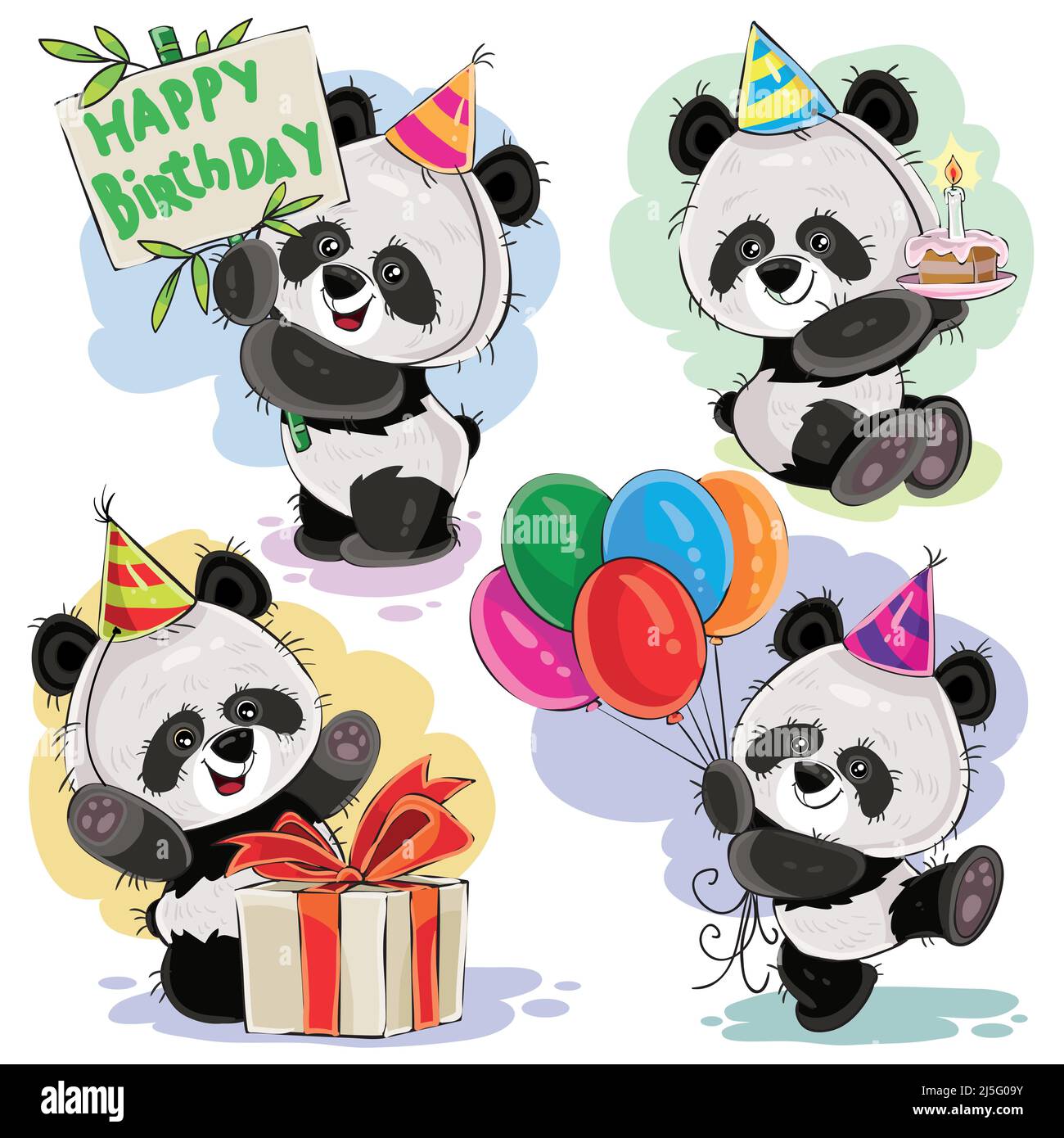 Carino panda porta baby cartoon personaggi celebrare il compleanno con torta, palloncini e presente in scatola vettore illustrazione set isolato sul backgro bianco Illustrazione Vettoriale