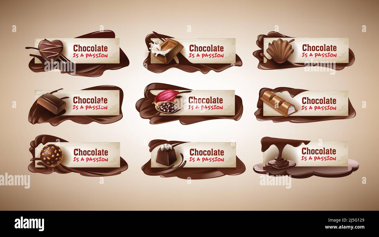 Set di illustrazioni vettoriali, striscioni con dolci al cioccolato, barretta di cioccolato, fagioli di cacao e cioccolato fuso. Modello, elemento di progettazione per il packaging di un Illustrazione Vettoriale