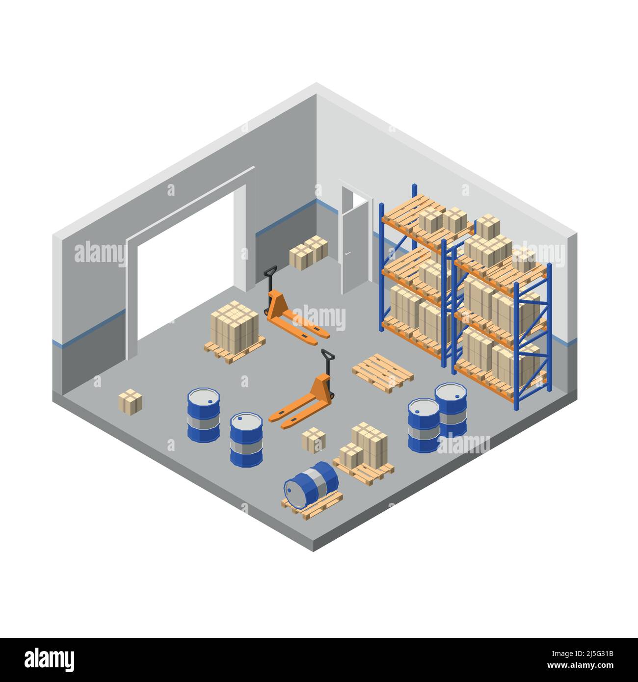 Vector 3D stoccaggio isometrico, magazzino di fabbrica, logistica, magazzino di consegna con scaffali, scatole, carrelli elevatori, barili, pallet per merci, carico. Conservare Illustrazione Vettoriale