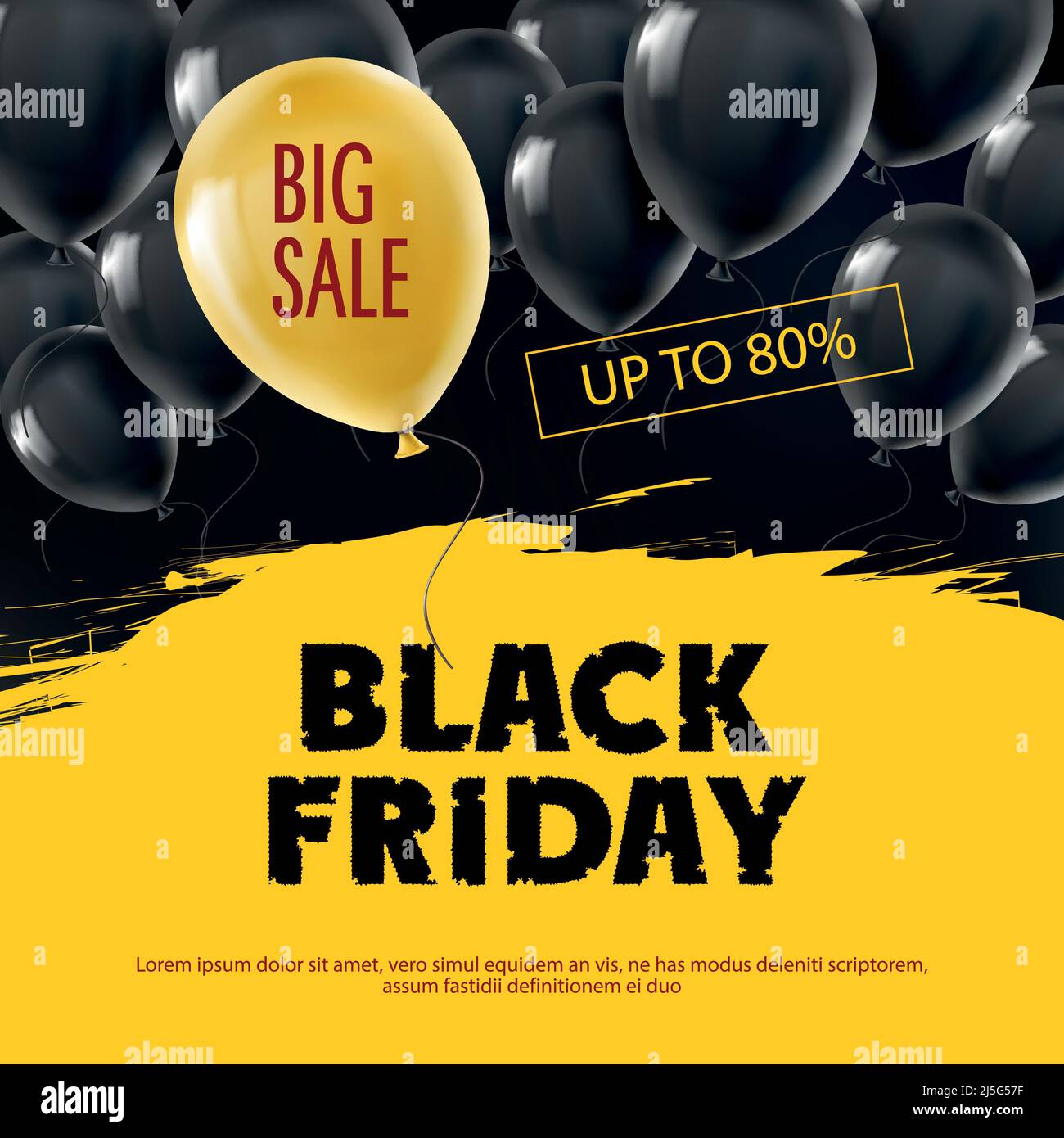 Sfondo vettoriale Black friday con palloncini volanti realistici. Poster per annunci su grandi vendite di liquidazione, sconti stagionali super, speciale di Illustrazione Vettoriale