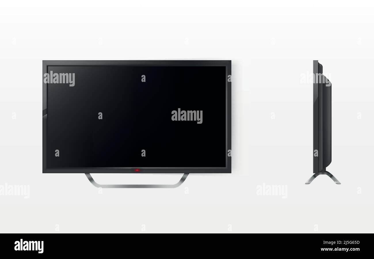 Schermo LCD vettoriale, TV al plasma, moderno sistema video. Tecnologia digitale per tv HD. Display nero in stile realistico 3D isolato su bianco Illustrazione Vettoriale