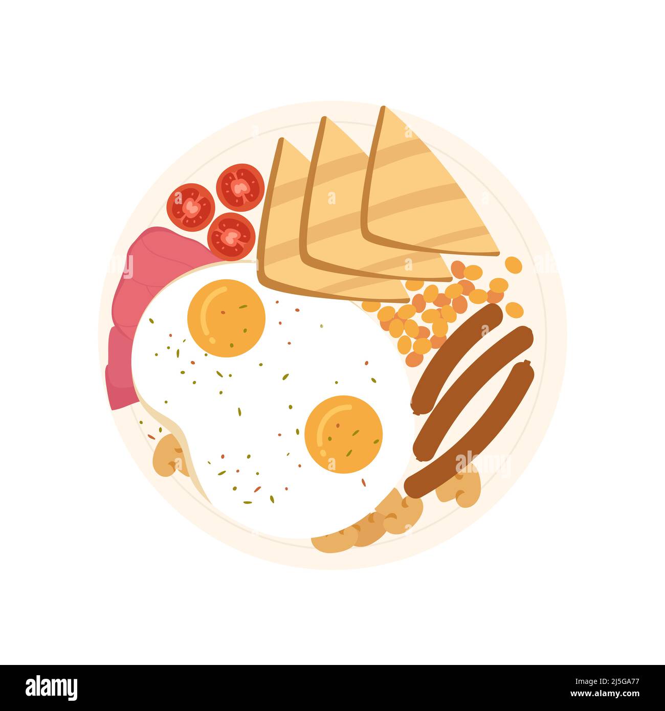 Colazione inglese con uova fritte. Mattina delizioso piatto, omelette vista dall'alto illustrazione isolata Illustrazione Vettoriale