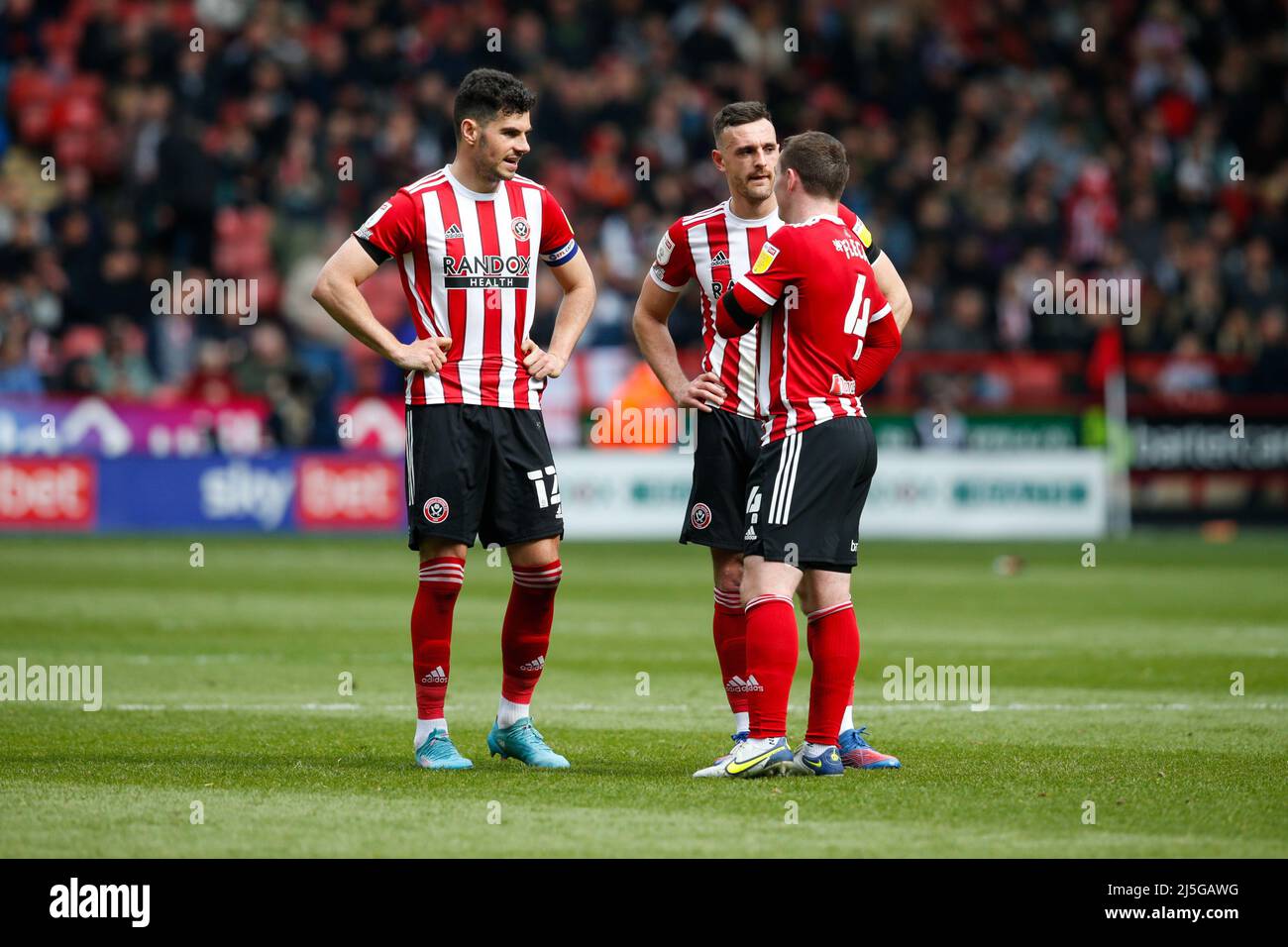 John Egan #12 di Sheffield United, Jack Robinson #19 di Sheffield United e John Fleck #4 di Sheffield United parlano mentre la palla è fuori gioco Foto Stock