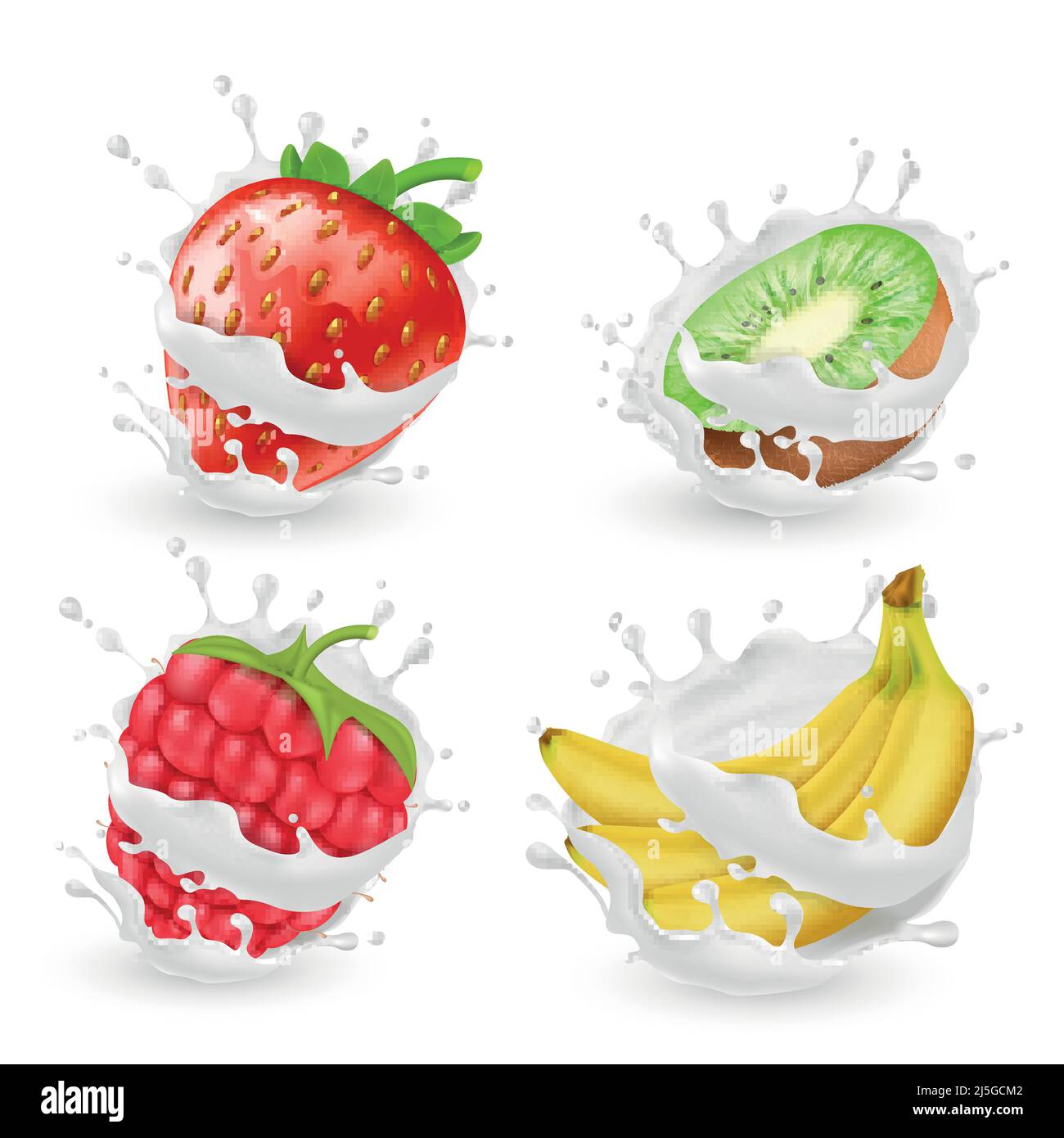 Set vettoriale di succosa frutta estiva e bacche in spruzzi di latte o crema, isolato sullo sfondo. Cibo biologico naturale, banana, kiwi, fragola e ra Illustrazione Vettoriale