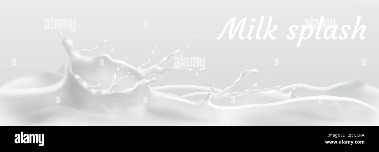 Spruzzi di latte bianco realistico vettoriale, yogurt fluente o crema isolato sullo sfondo. Prodotto caseario, onda orizzontale astratta con corona lattiginosa e gocce Illustrazione Vettoriale