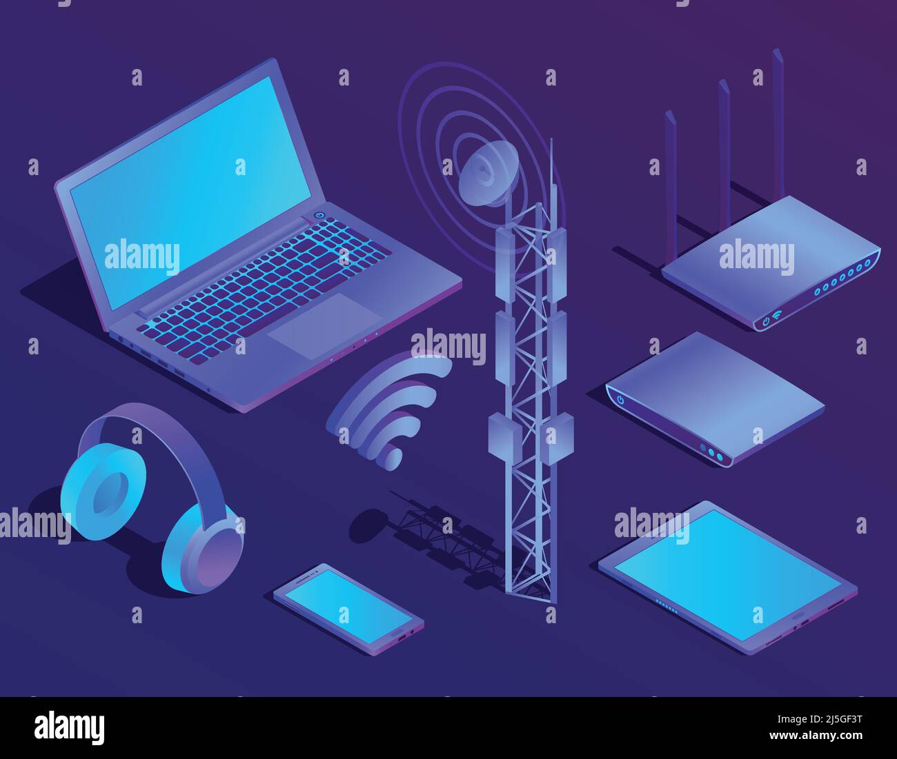 Laptop isometrico viola Vector 3D, router con wi-fi e ripetitore radio. Computer ultravioletto con cuffie, smartphone per networking, cloud storag Illustrazione Vettoriale