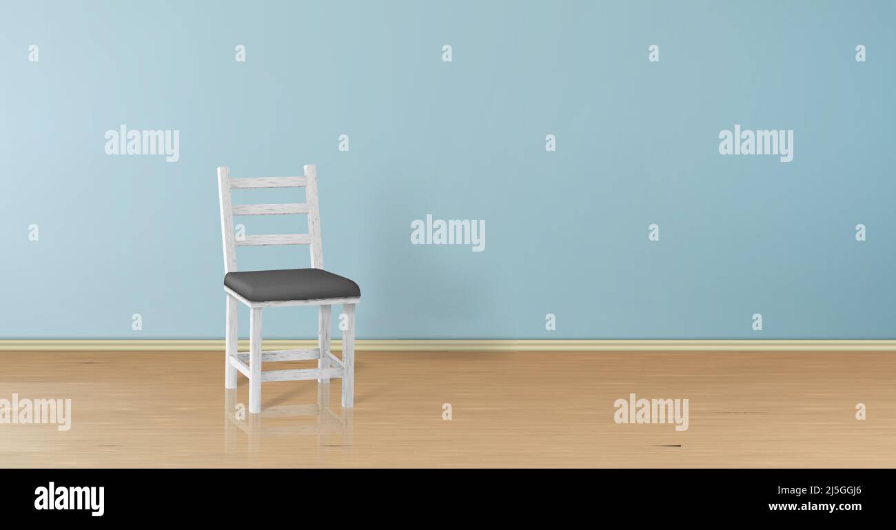 Vector 3D realistico mock up con sedia di legno bianco isolato su parete blu. Arredamento moderno con cuscino nero su parquet, sfondo per il design. Arredamento Illustrazione Vettoriale