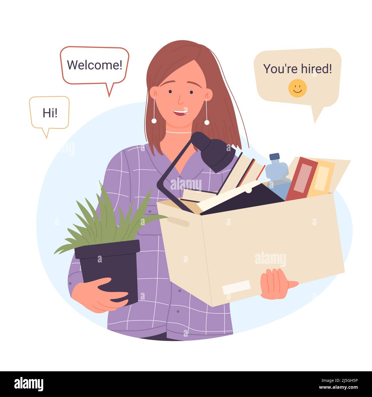 Conoscenza del nuovo dipendente in ufficio. Donna cartoon in piedi con scatola piena di cose e le frasi di benvenuto da colleghi in comunicazione bolle illustrazione vettoriale piatta. Concetto di lavoro, carriera Illustrazione Vettoriale