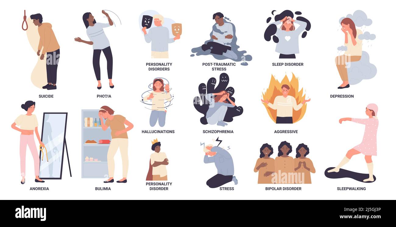 Malattia mentale e problemi psicologici impostati con il nome di illustrazione vettoriale disordine. Fumetto femmina e maschio infelice personaggi con malattie, ansia, depressione e stress isolato su bianco Illustrazione Vettoriale