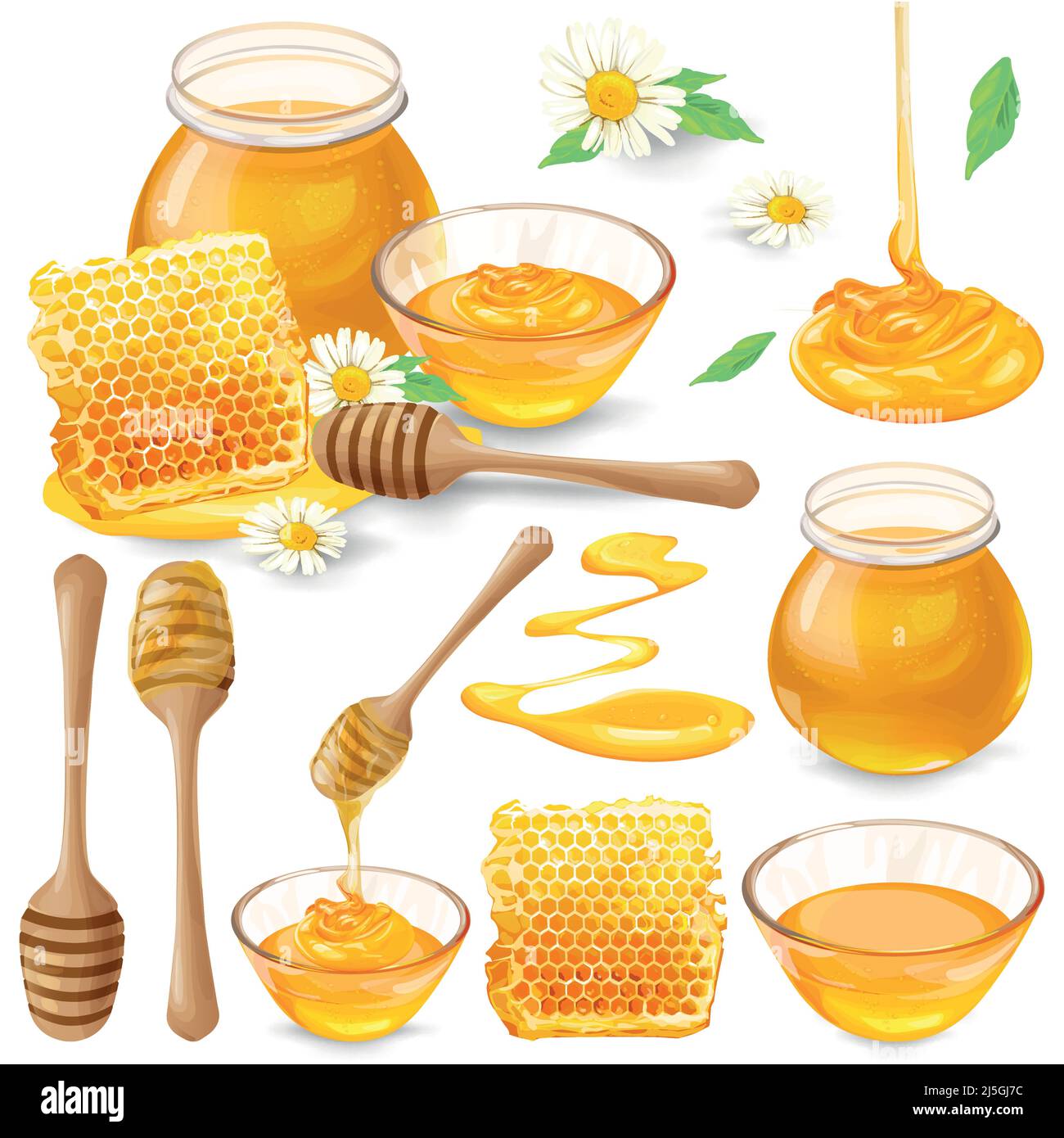 Set di illustrazioni vettoriali del miele in nido d'ape, in un vaso che gocciola da un secchio di miele, isolato su sfondo bianco in uno stile realistico. Templa Illustrazione Vettoriale