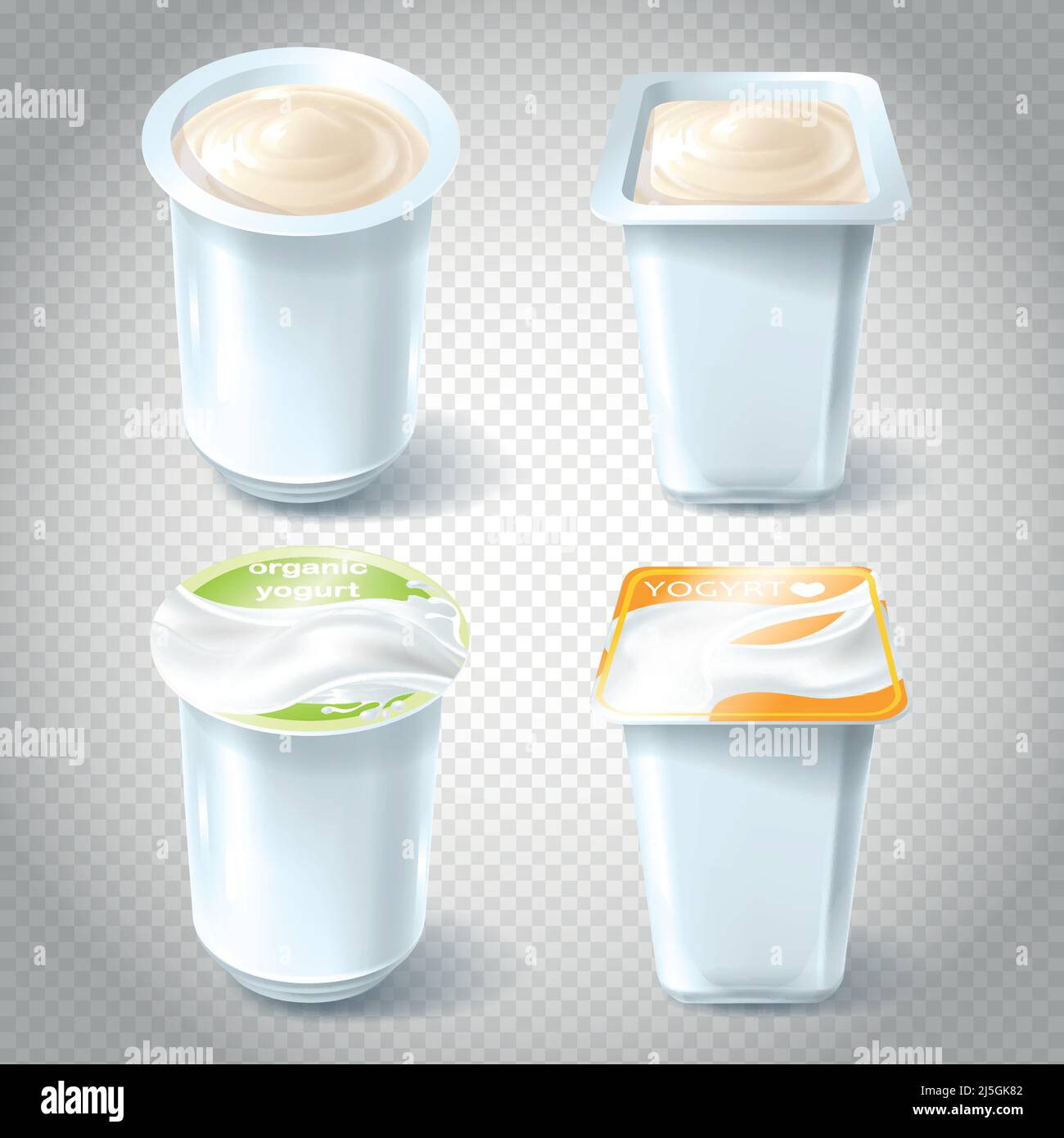Un set di illustrazioni vettoriali di tazze di plastica per il confezionamento, la conservazione, la vendita di yogurt. Modello, elemento per la progettazione. Illustrazione Vettoriale