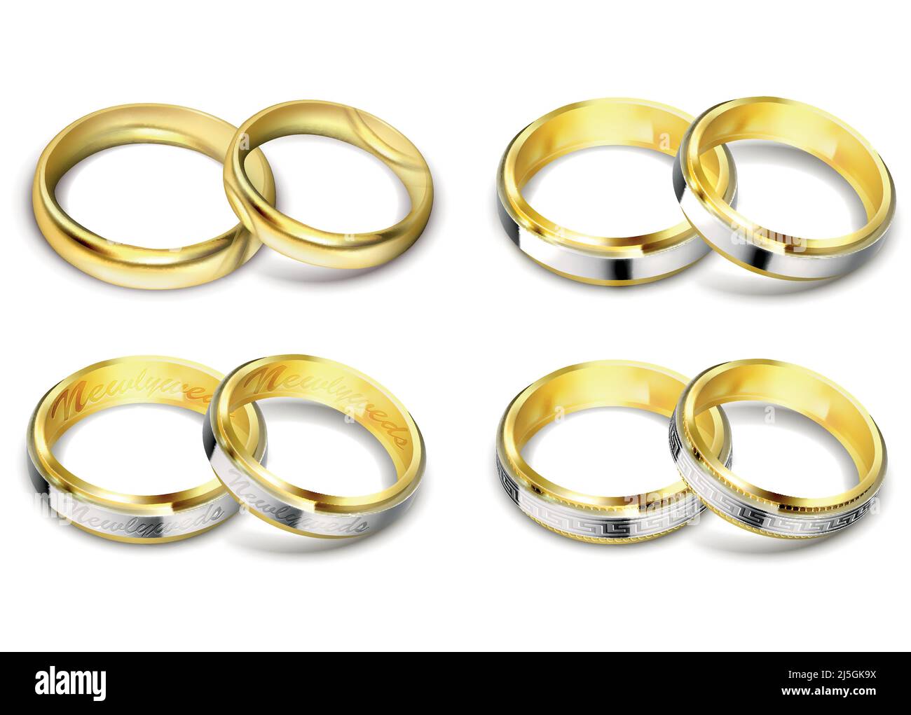 Set di illustrazioni vettoriali realistiche di anelli d'oro con elementi d'argento, platino con ombra isolata su bianco. Stampa, modello, design e. Illustrazione Vettoriale