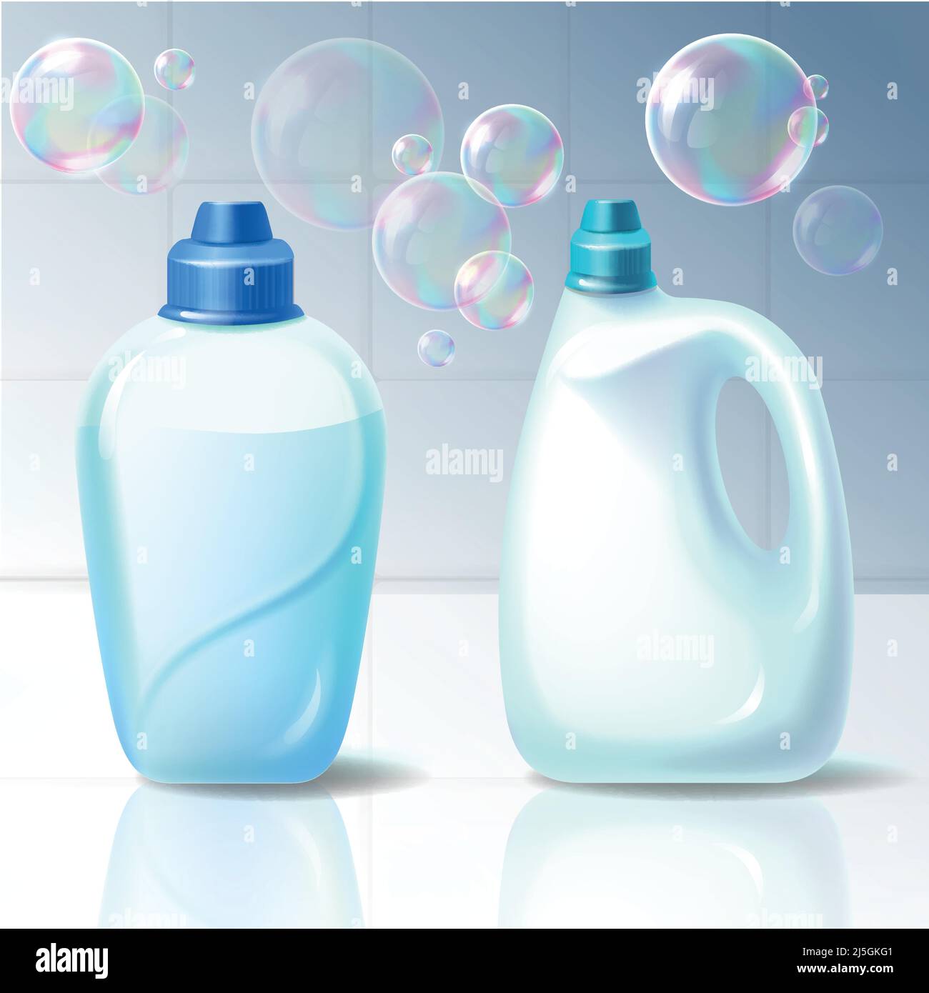 Set di illustrazioni isolate vettoriali di contenitori in plastica per stoccaggio, confezionamento di prodotti chimici per uso domestico, detergente liquido, candeggina in stiletto realistico Illustrazione Vettoriale