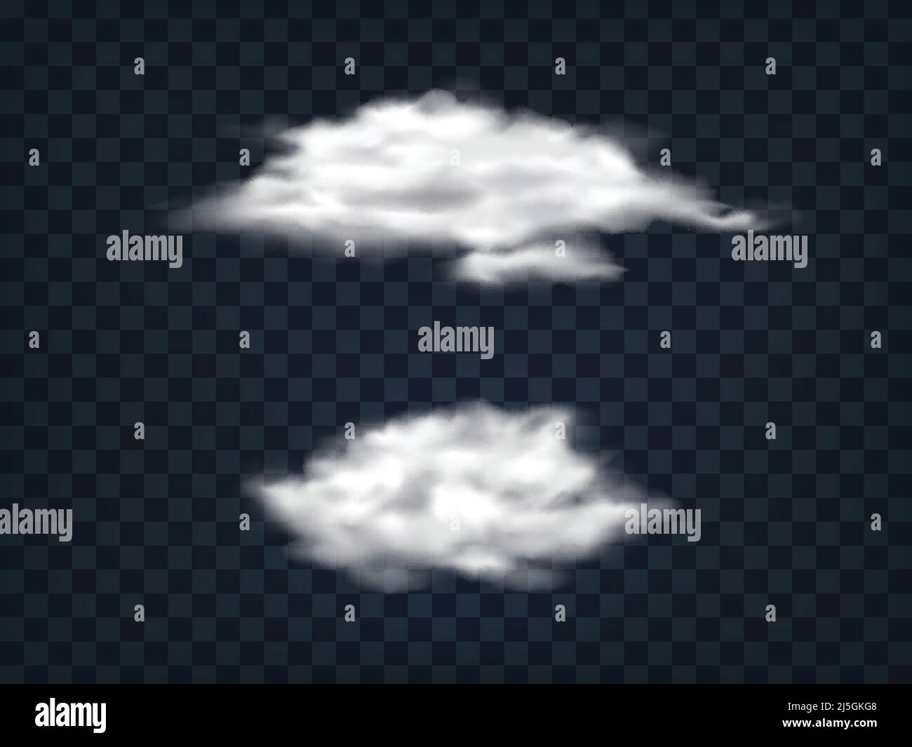 Set di illustrazioni vettoriali di nuvole bianche traslucide in uno stile realistico, isolate su sfondo trasparente. Elementi di design, pattern. Illustrazione Vettoriale