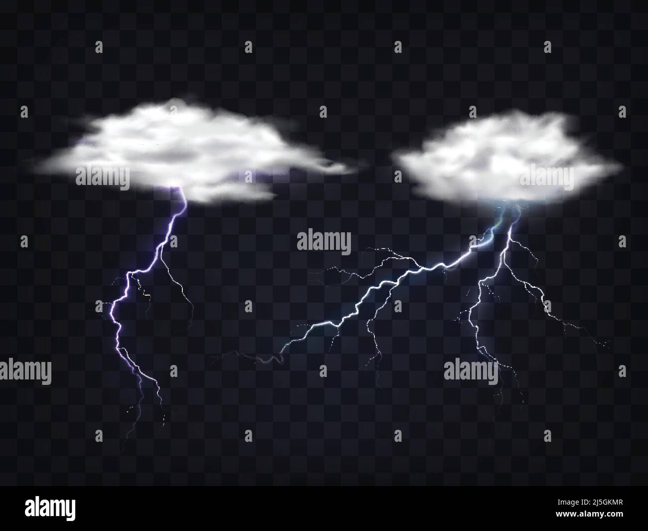Set di illustrazioni vettoriali di nuvole bianche trasparenti con una carica di fulmine in uno stile realistico. Modello, elemento per la progettazione. Illustrazione Vettoriale