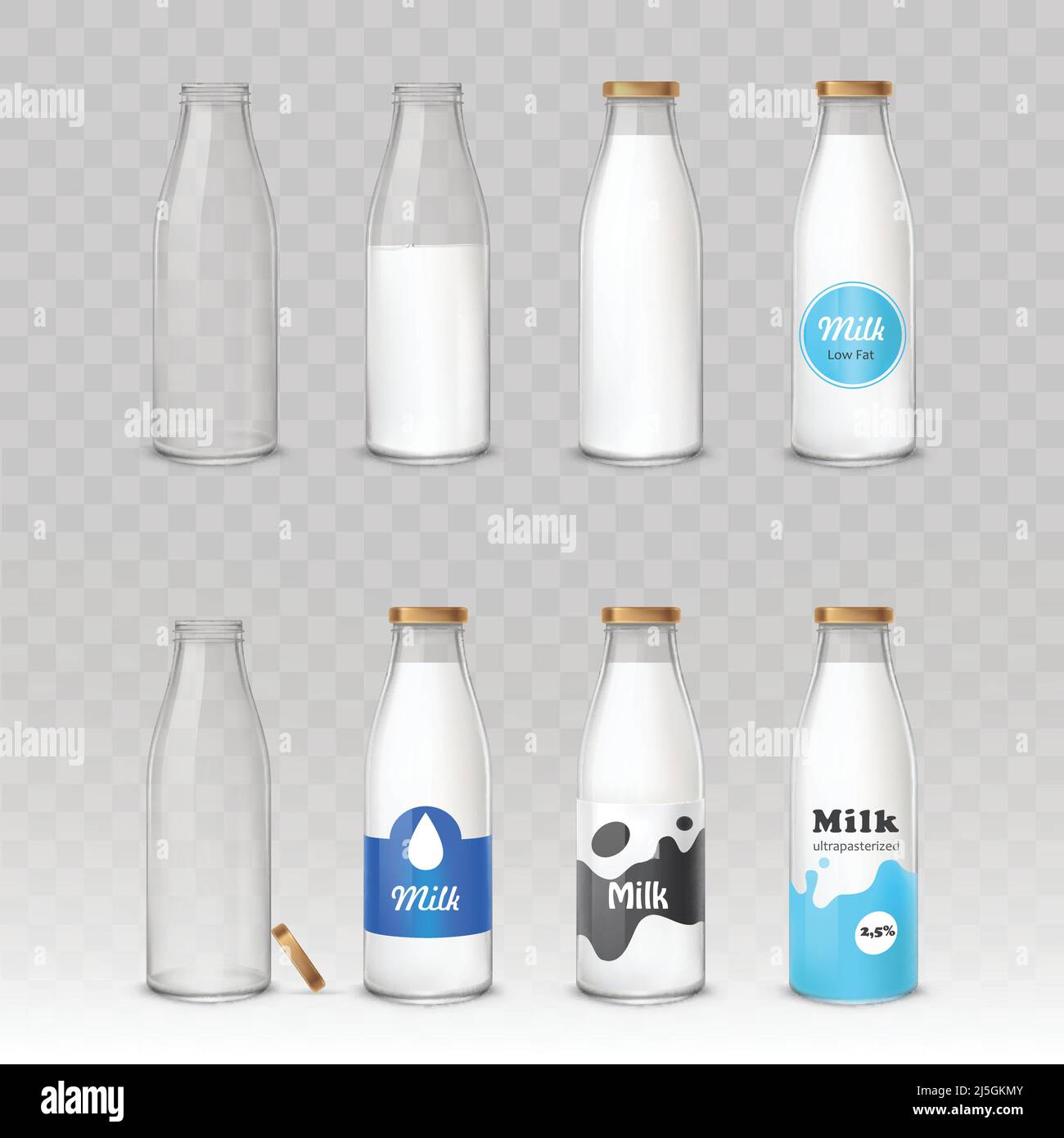 Set di illustrazioni vettoriali in bottiglie di vetro realistiche con latte e senza etichette diverse isolate sul grigio. Modello, elemento di disegno. Illustrazione Vettoriale